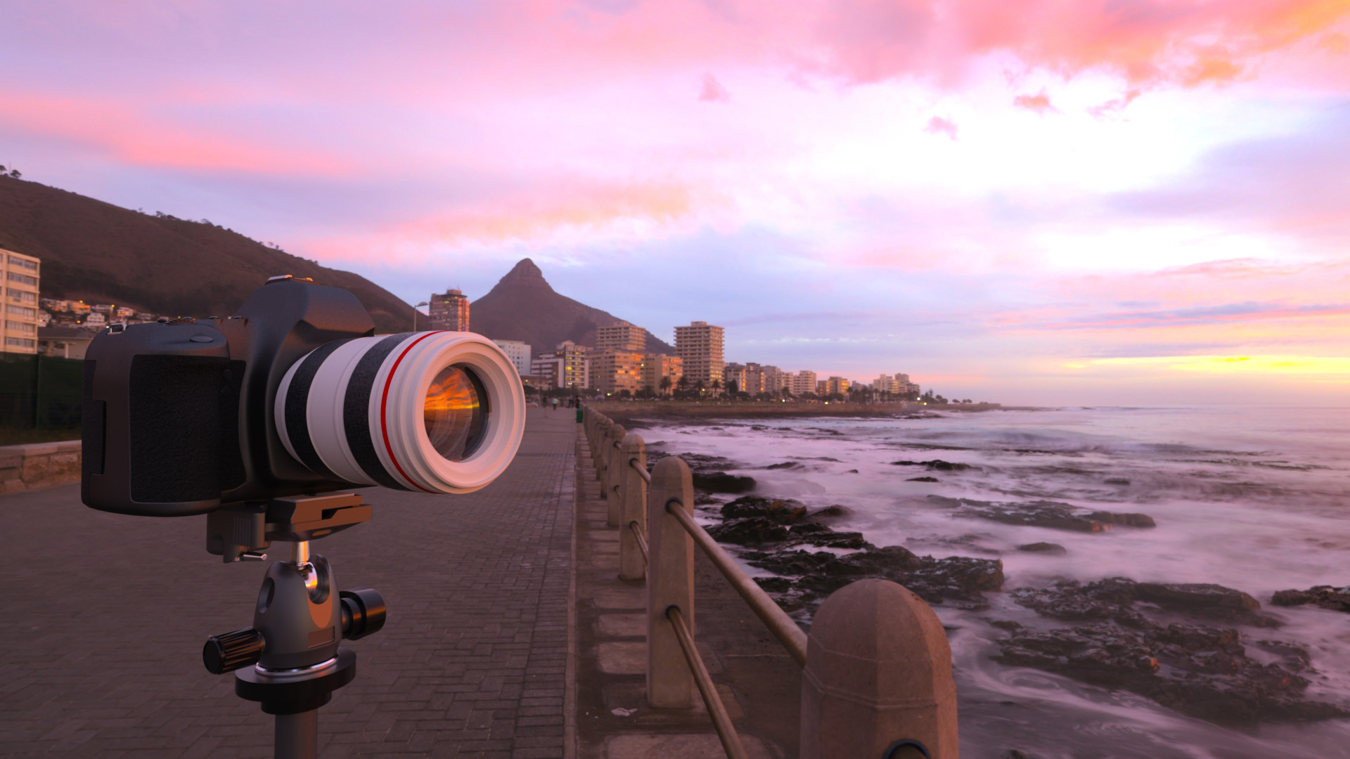 Rendering of a camera with lightning from a sunset on a beach.