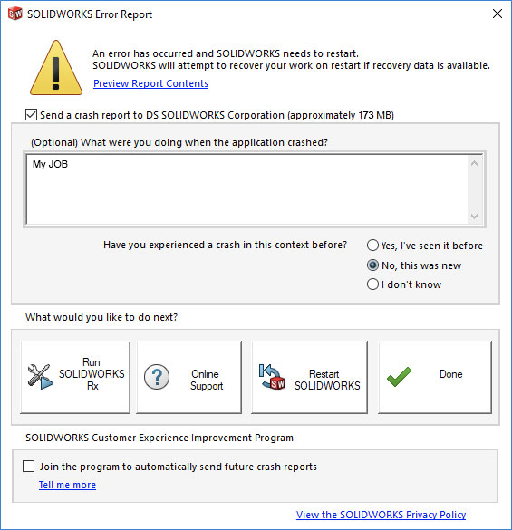 This is the crash error report that SOLIDWORKS users see when their CAD software crashes and they lose work on their product design.