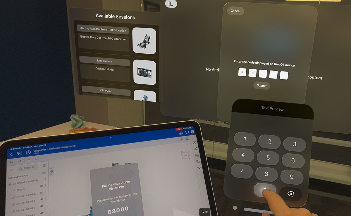 Entering the security code to pair with the Apple Vision Pro from the Onshape App.