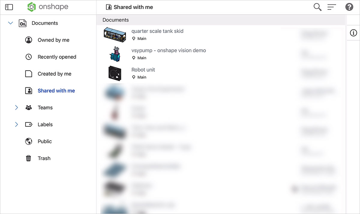 A screen in Onshape showing documents that have been shared with the viewer