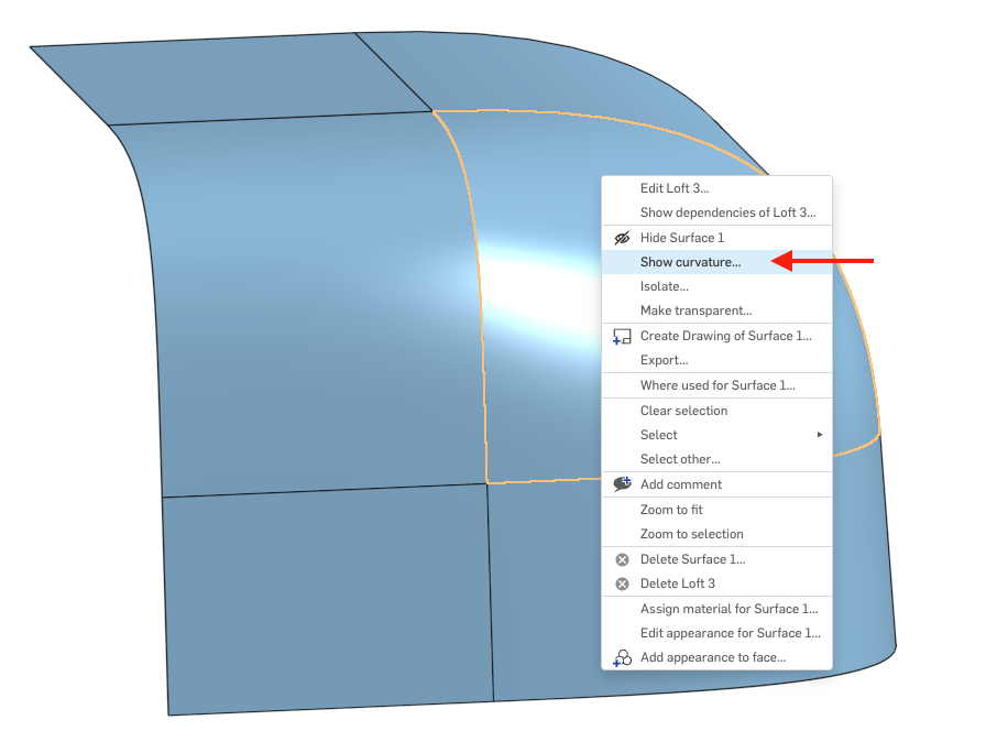 Show curvature with a right-click