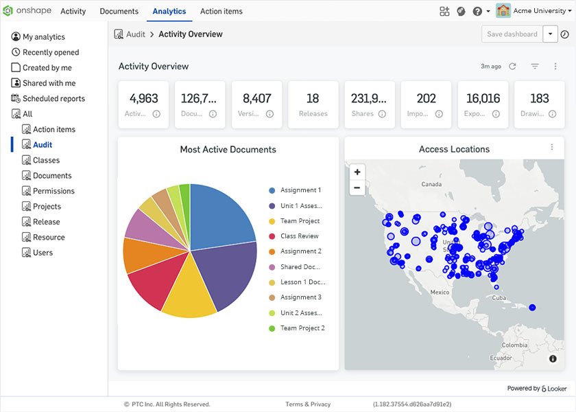 The Activity Overview screen in Onshape Enterprise for Education