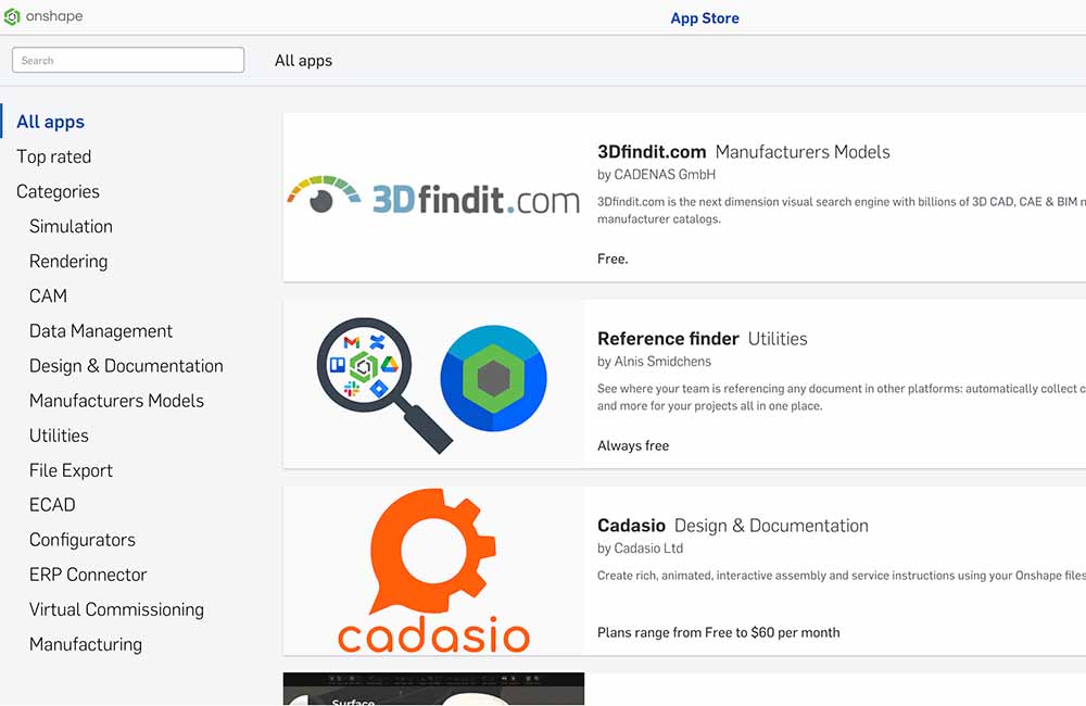 screenshot of Onshape app store