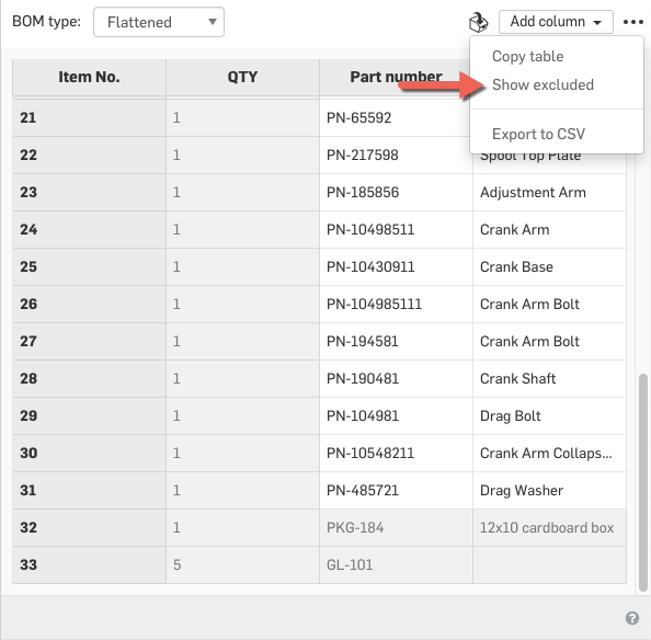 Show Excluded BOM Onshape